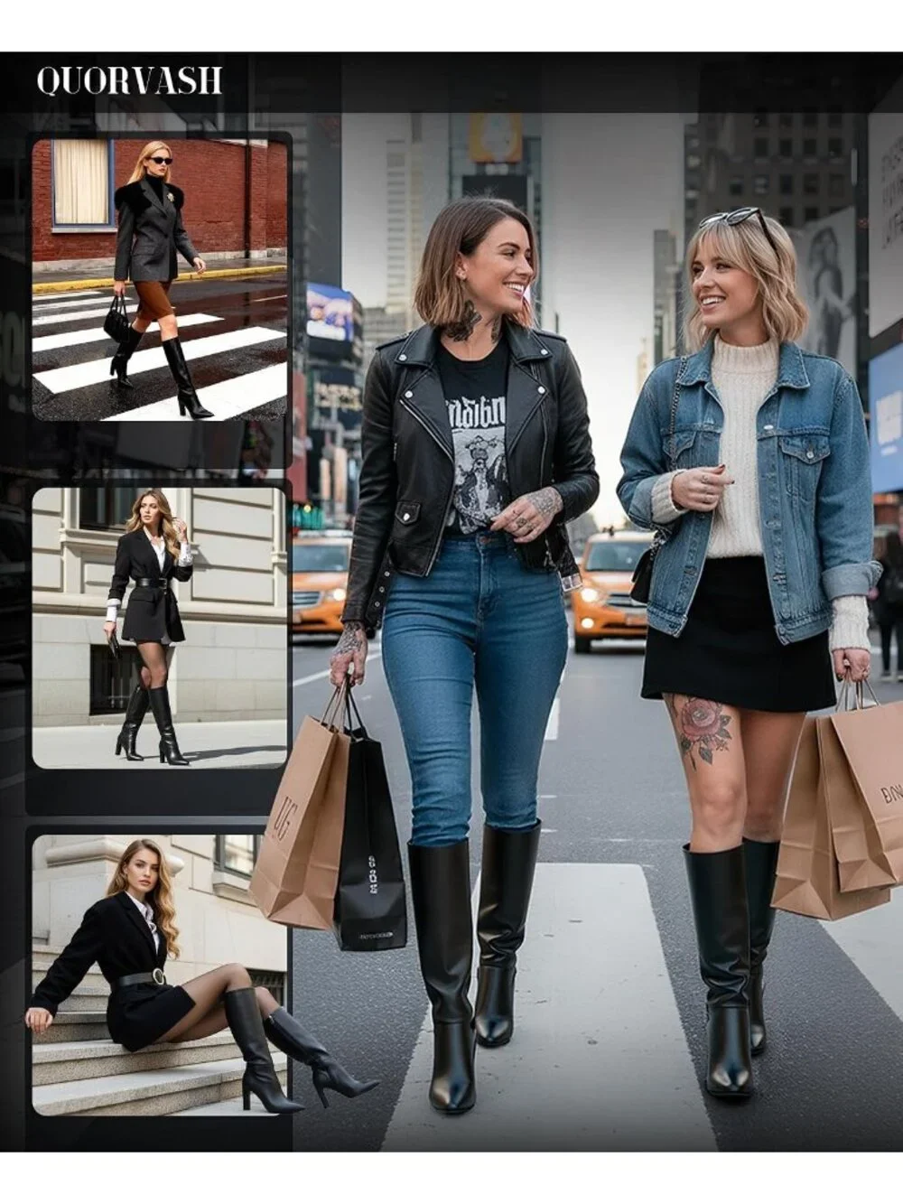 Women's Black Long Elastic Leather Mid Block Heel Pointed Toe Knee High Boots